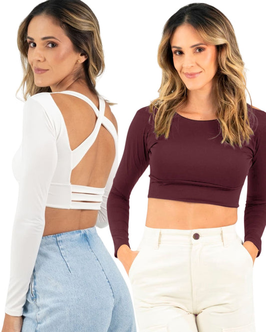 Pack 2x1: Blusa Croptop (Blanco + Vinotinto)